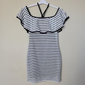 AS U Wish Size S Dress Bodycon Ruffle Top White/Black Stripe Textured Stretch